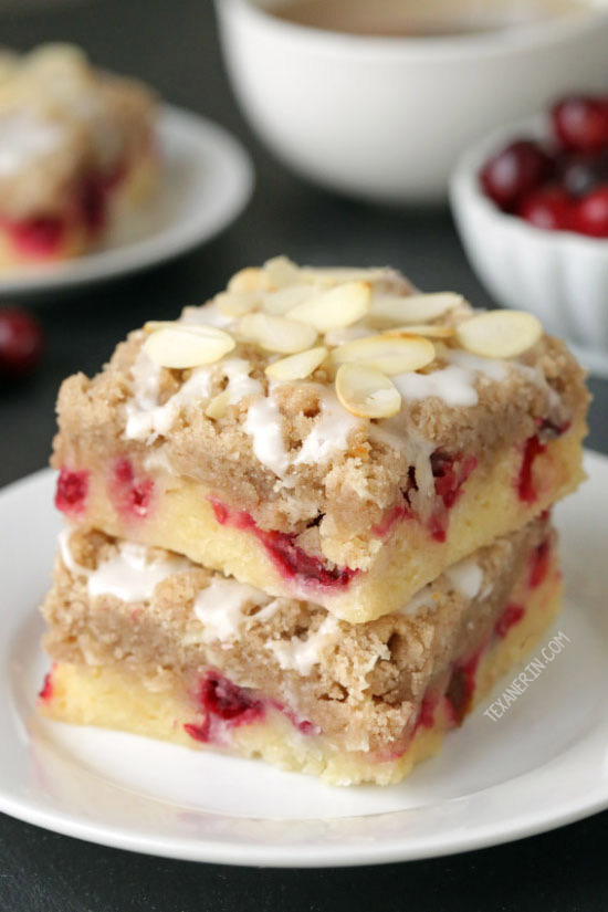 These cranberry and almond bars have a dense, almost gooey-like cake base and are topped with a hefty amount of streusel! With gluten-free and 100% whole grain options.