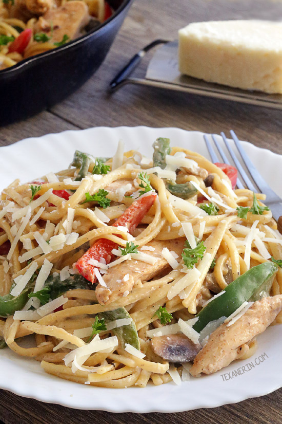 This Healthier Cajun Chicken Pasta has a milk and cheese-based sauce and can be made gluten-free or 100% whole grain.