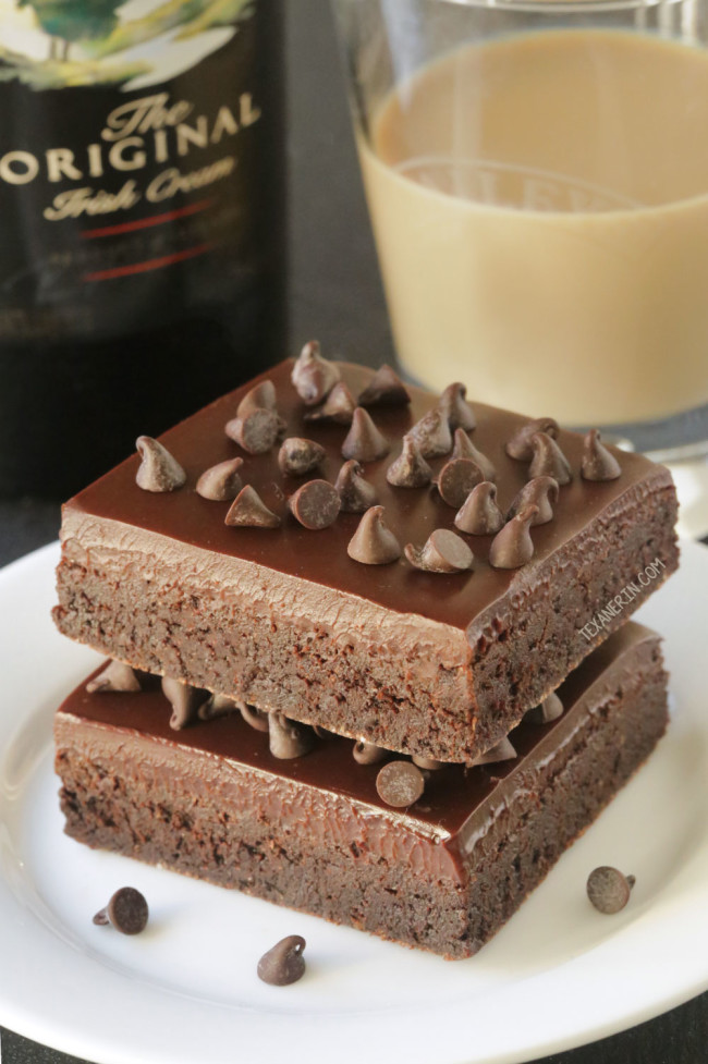 Super boozy Baileys Irish Cream Brownies with a spiked ganache. Can be made with all-purpose, whole wheat or buckwheat flour for a gluten-free version!