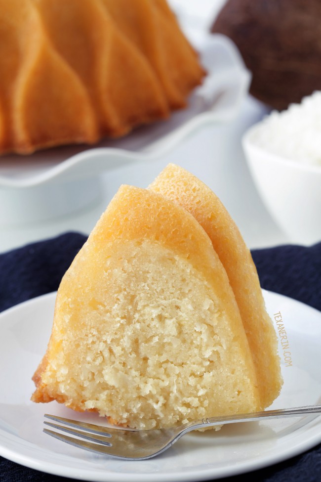 Coconut Rum Bundt Cake drenched in coconut rum syrup - can be made with all-purpose, gluten-free or whole grain flours. With a dairy-free option (please click through to the recipe to see the dietary-friendly options). #nordicware70