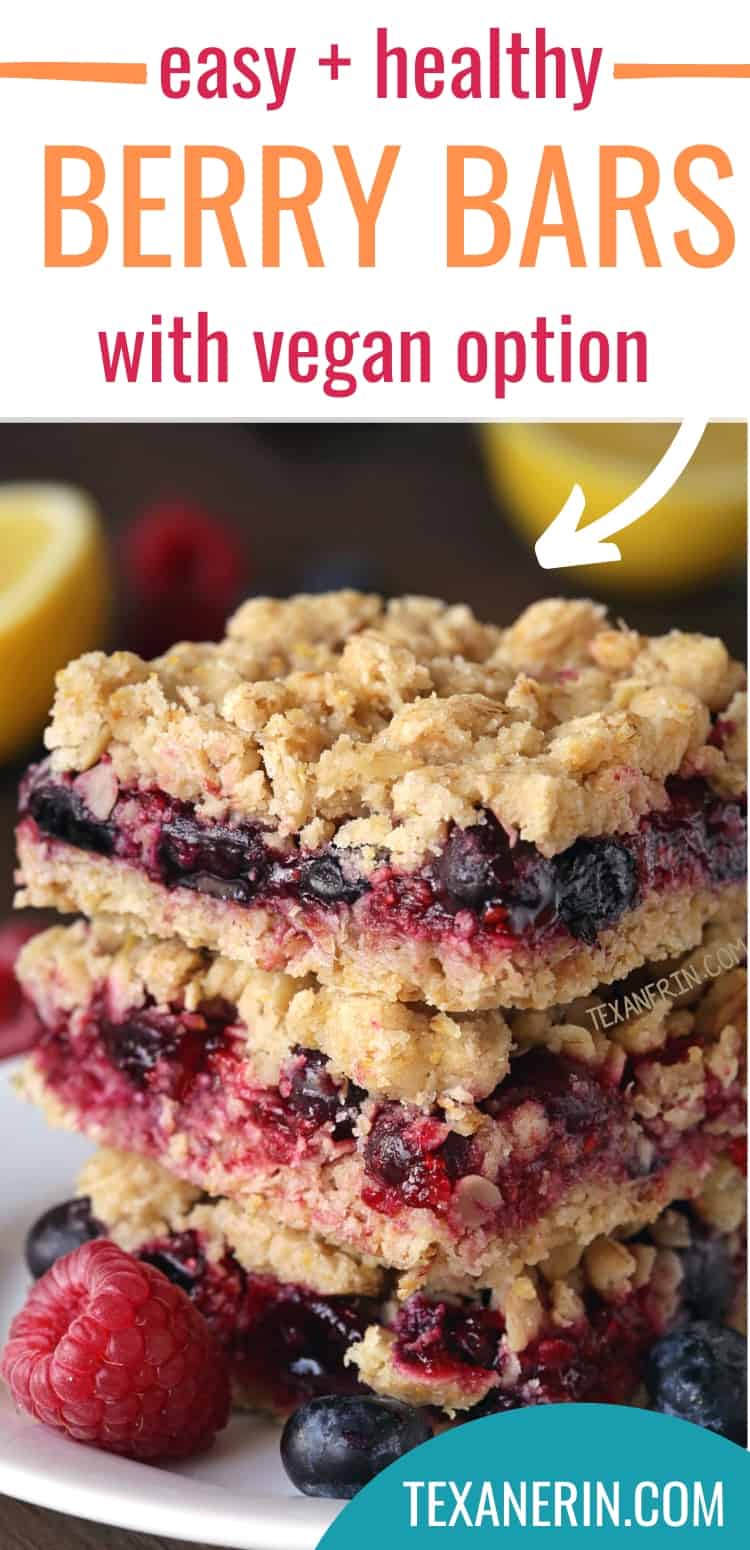 These berry bars have a thick layer of blueberries mixed with berry jam nestled between a streusel-like crust and topping! With vegan, whole grain and dairy-free options but can also be made with all-purpose flour. An amazing vegan dessert recipe!