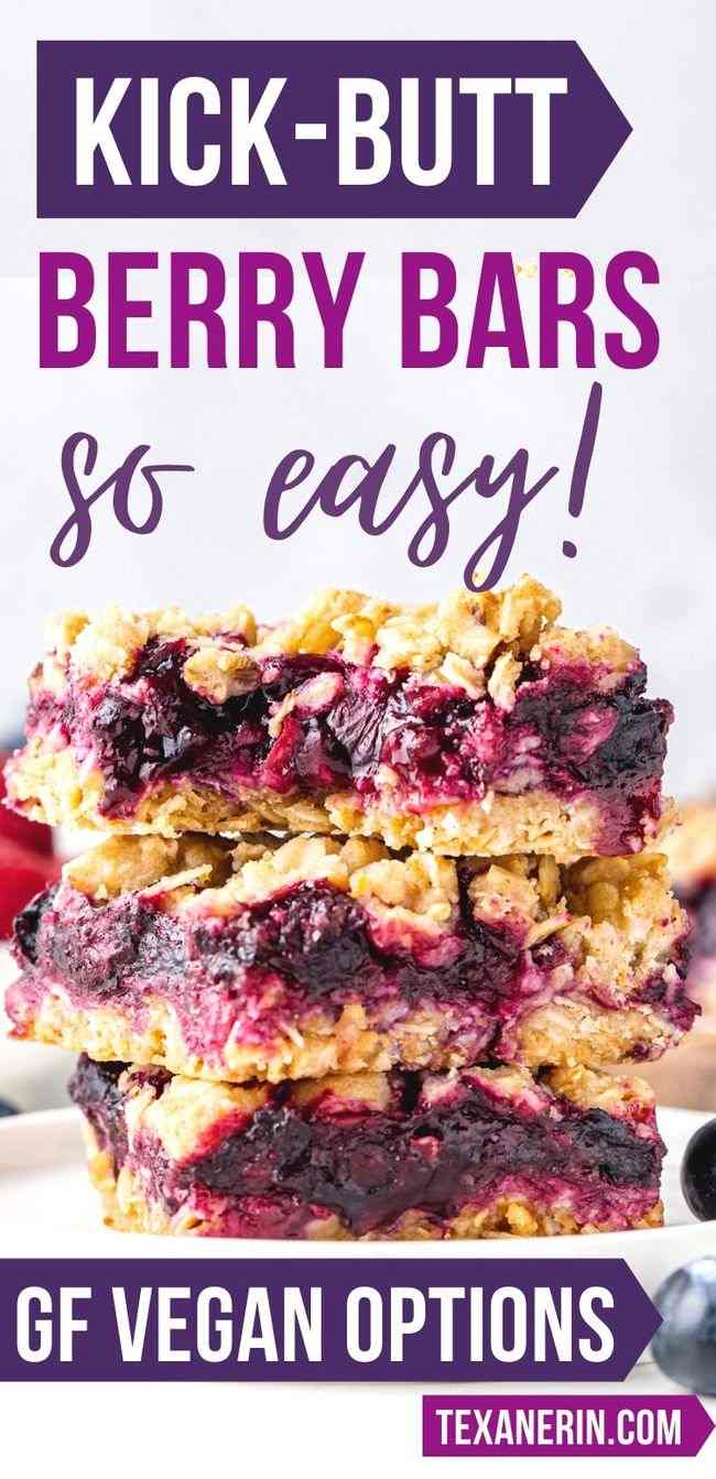 These berry bars have a thick layer of blueberries mixed with berry jam nestled between a crumb-like crust and topping! Can be made with all-purpose, gluten-free or whole wheat flour. Can also be made vegan and dairy-free.