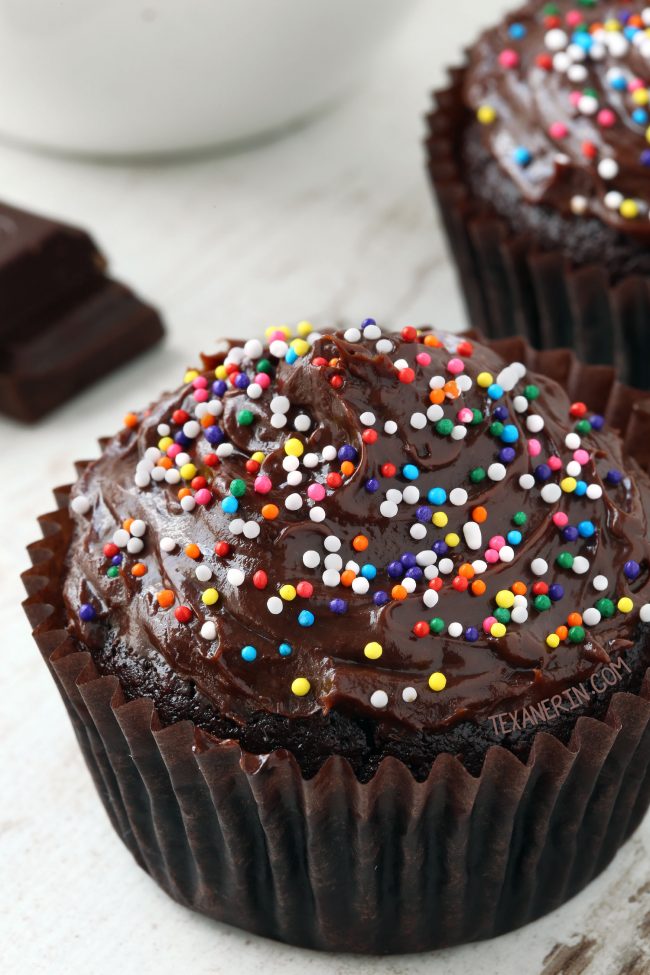 These paleo chocolate cupcakes are moist but not eggy and have a rich, dark chocolaty taste! (grain-free, gluten-free, and dairy-free)