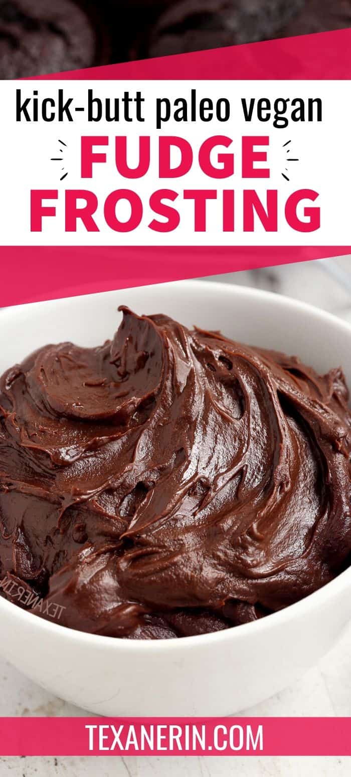 5-minute + 4-ingredient Paleo Chocolate Fudge Frosting. Can be piped and holds up perfectly at room temp!