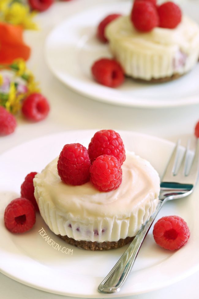 These no-bake mini raspberry cheesecakes feature a white chocolate cheesecake filling and a graham cracker crust. With gluten-free, whole grain and grain-free options.