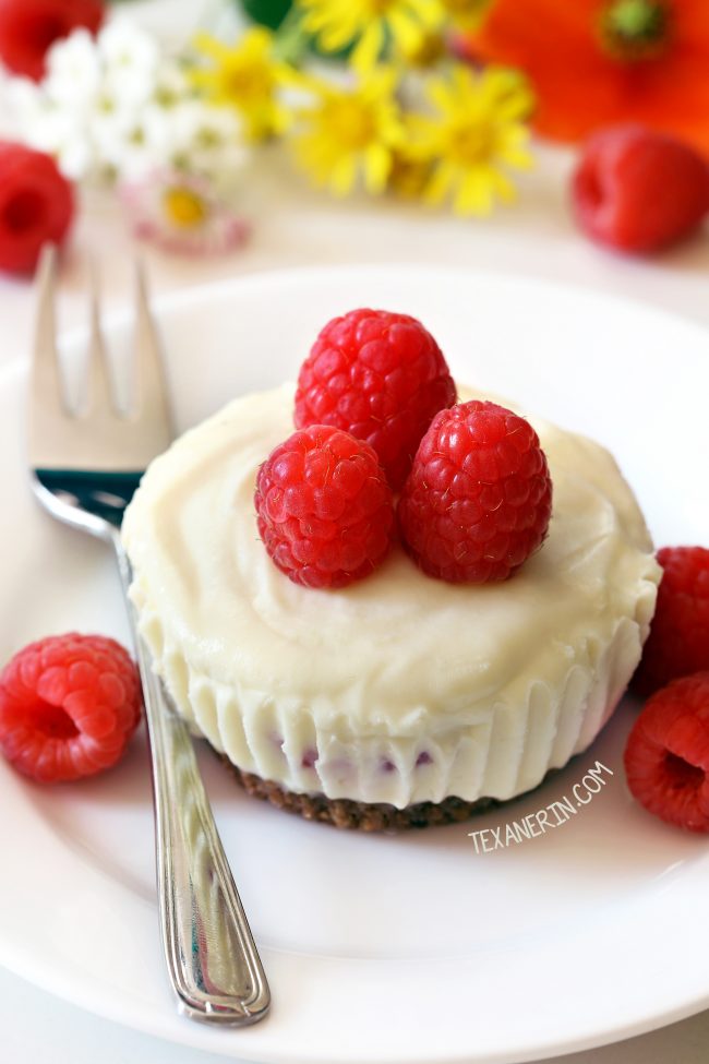 These no-bake mini raspberry cheesecakes feature a white chocolate cheesecake filling and an easy graham cracker crust. With gluten-free, whole grain and grain-free options.