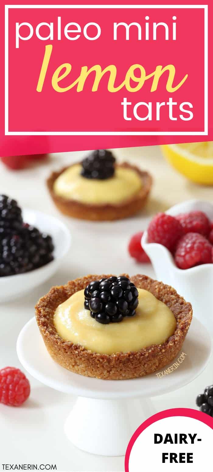 These paleo mini lemon tarts have an easy press-in crust and are totally honey-sweetened.