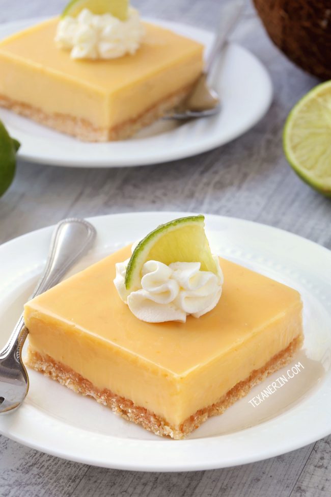 Thick Key Lime Pie Bars with a homemade coconut cookie crust (gluten-free, whole grain, all-purpose flour options)