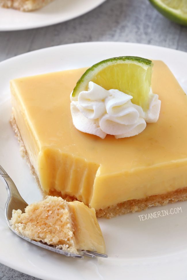 Thick Key Lime Pie Bars with a homemade coconut cookie crust (gluten-free, whole grain, and all-purpose flour options)