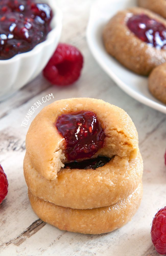 No-bake PB&J Thumbprint Cookies (vegan, grain-free, gluten-free with a paleo and nut-free option – please click through to the recipe to see the dietary friendly options)