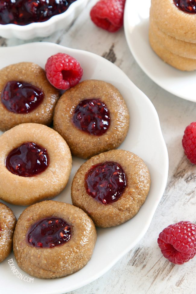 No-bake PB&J Thumbprint Cookies (vegan, grain-free, and gluten-free with a paleo and nut-free option – please click through to the recipe to see the dietary friendly options