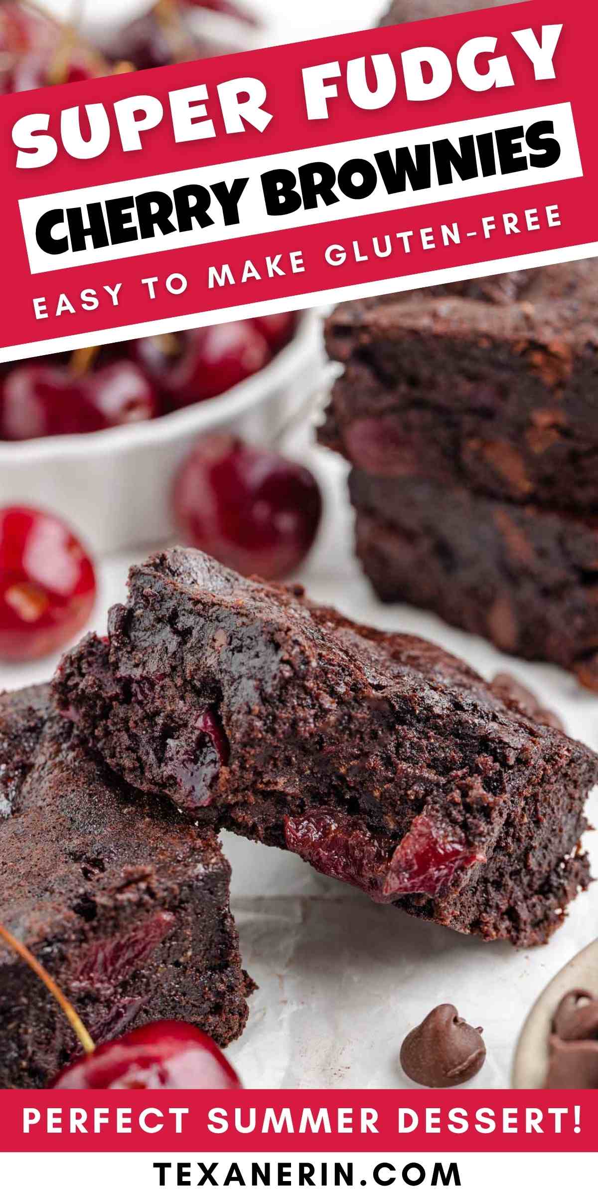 pin image for cherry brownies showing a bitten into brownie on a white plate