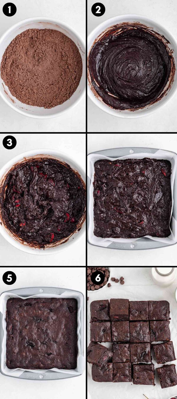 collage showing the mixing together and baking of cherry brownies