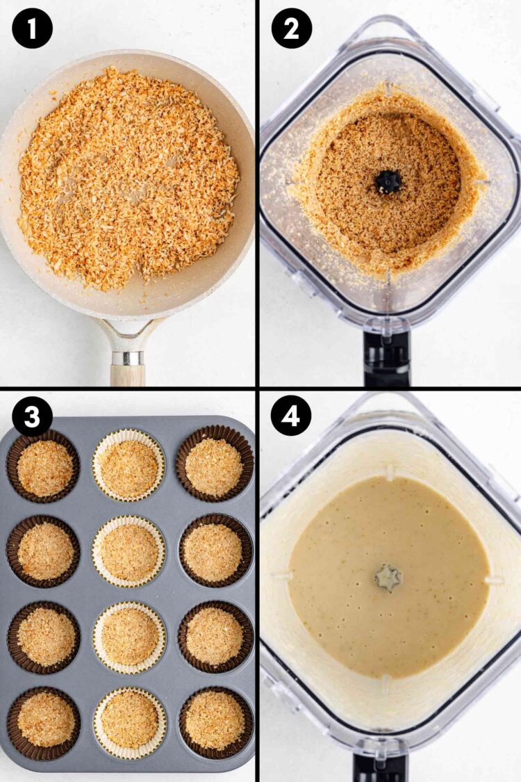 collage showing the toasting of the coconut, the crust being made and pressed into the muffin pan, and what the filling looks like when blended