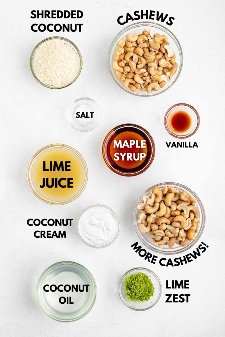 ingredients laid out to make vegan key lime pies on a white table