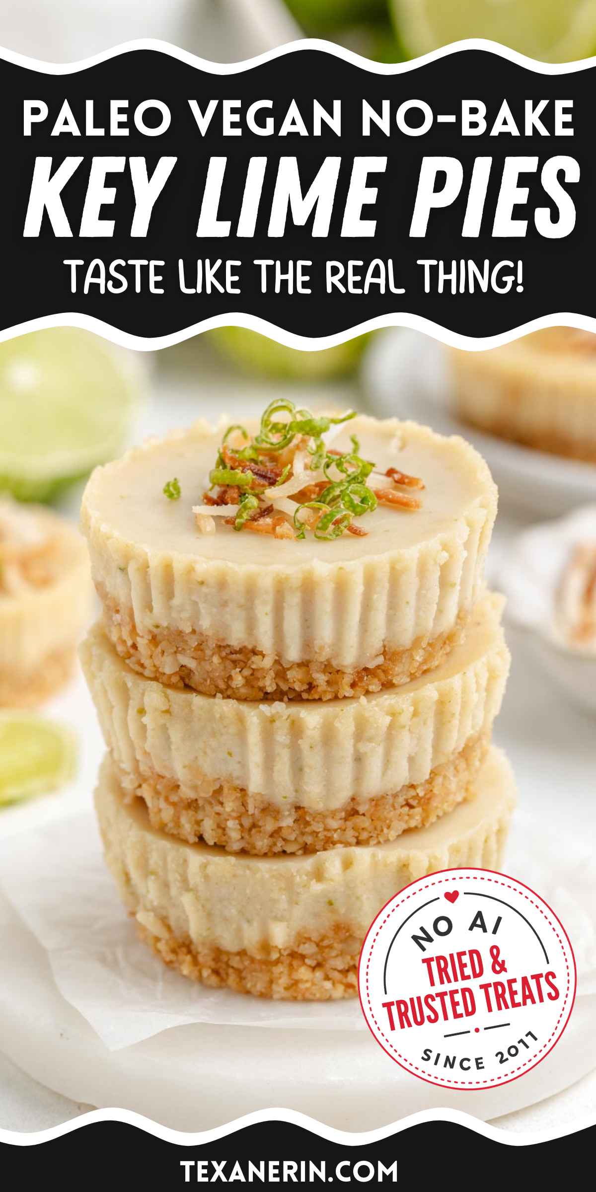 stack of 3 vegan paleo key lime pies on a white table with a text saying that they taste like the real thing