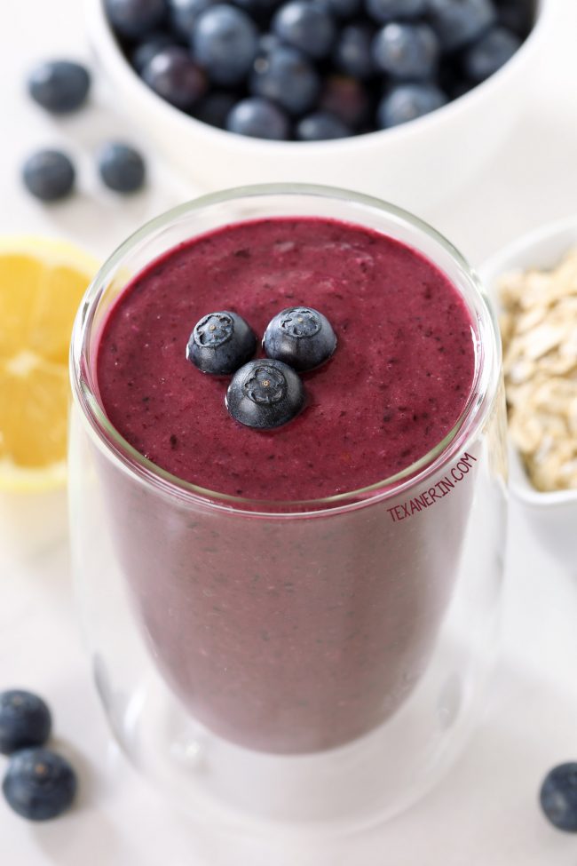 Paleo Blueberry Smoothie (vegan, grain-free, gluten-free, dairy-free – please click through to the recipe to see the dietary-friendly options)