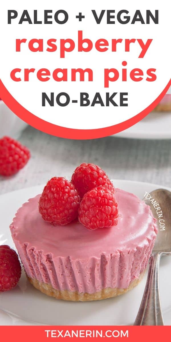 These paleo no-bake raspberry cream pies have a super smooth and creamy filling and a cashew and toasted coconut-based crust. Vegan, grain-free, gluten-free and dairy-free.