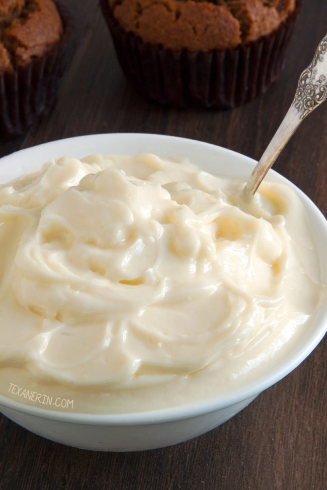 Healthier Cream Cheese Frosting – with only a fraction of the sugar used in traditional recipes! Can be piped.