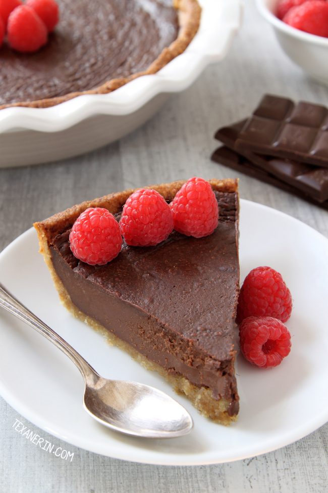 Paleo Chocolate Fudge Pie –  silky smooth and decadent with an almond flour based crust.