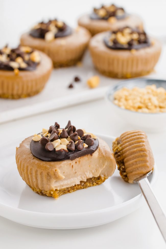 These easy vegan no-bake peanut butter pies are made a little healthier with the help of bananas, coconut milk and maple syrup. With a paleo option.