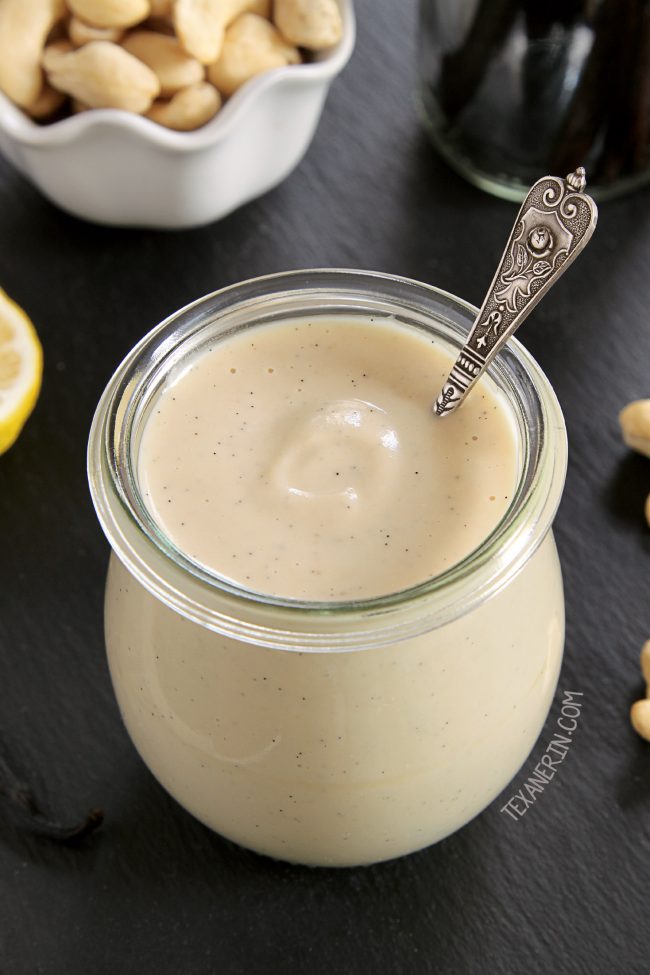 This paleo vegan vanilla sauce is cashew-based, maple-sweetened and only takes 5 minutes to make! Grain-free, gluten-free and dairy-free.