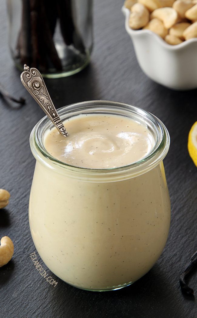 This paleo vegan vanilla sauce is cashew-based, maple-sweetened and only takes 5 minutes to make! Gluten-free, grain-free and dairy-free.