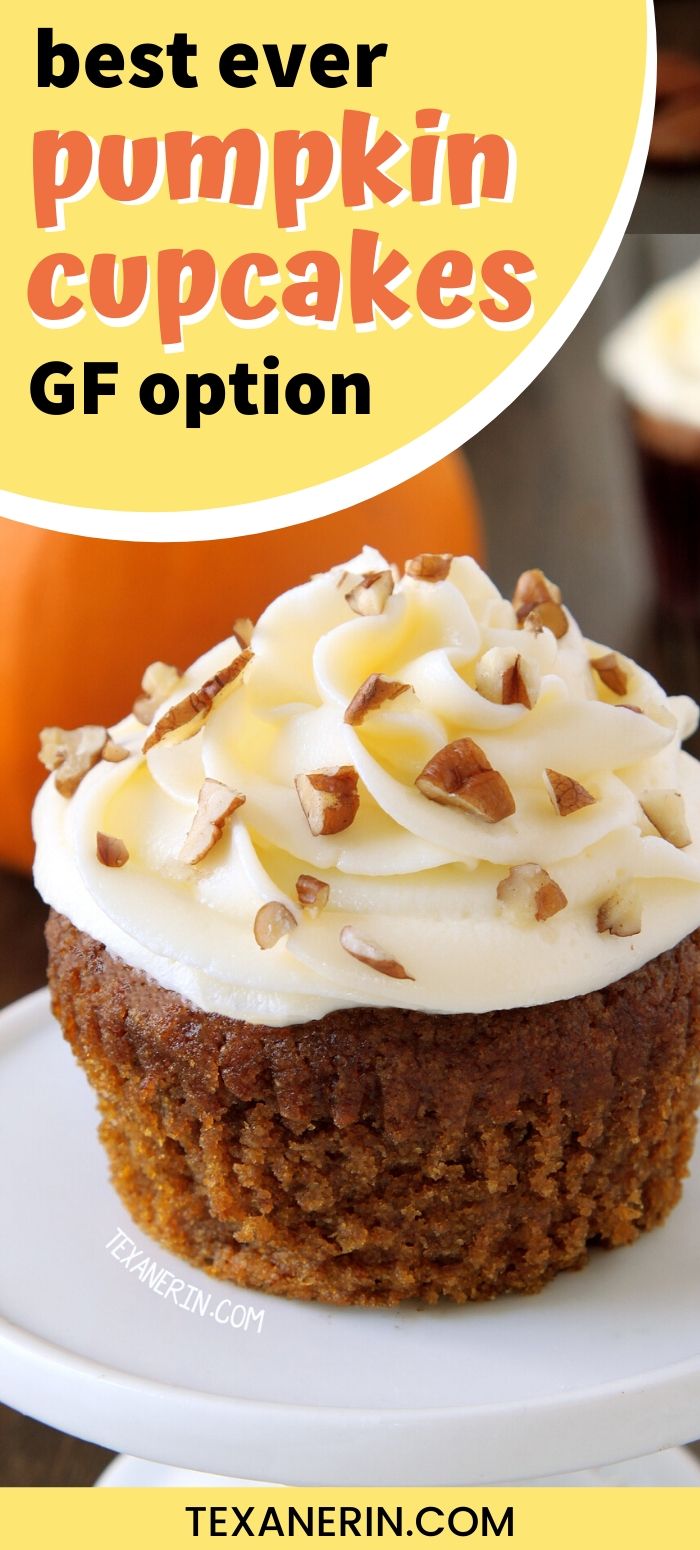 These pumpkin cupcakes are super moist, incredibly delicious and topped off with cream cheese frosting (with a dairy-free option). Can be made with gluten-free, 100% whole grain or all-purpose flours. An amazing pumpkin dessert recipe!