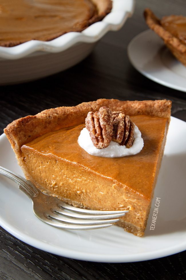 This paleo vegan pumpkin pie has a richer and creamier pumpkin filling than your traditional pumpkin pie! A great dairy-free, grain-free and gluten-free dessert for Thanksgiving. With a how-to recipe video.