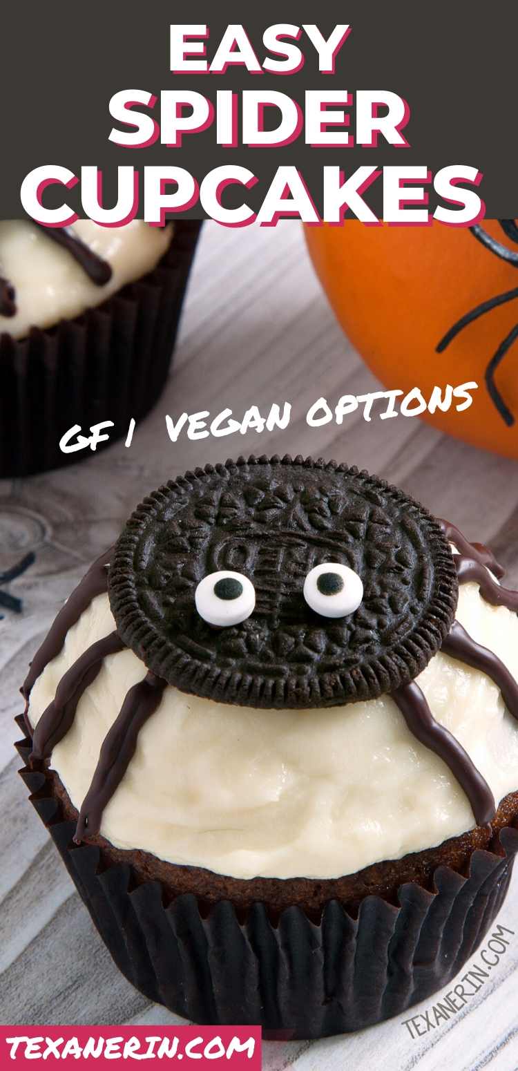 Easy to make spider cupcakes with a pumpkin cupcake base and cream cheese frosting! With grain-free, gluten-free, whole grain and all-purpose flour options. Perfect for Halloween!