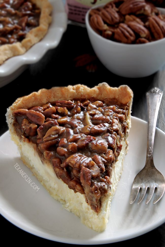 This caramel pecan cheesecake pie has a layer of caramel pecans over a cream cheese filling. With gluten-free, whole grain and all-purpose flour options. Perfect for Thanksgiving and Christmas!