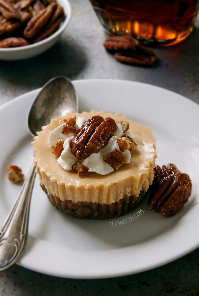 These mini maple cheesecakes have a grain-free pecan crust but can also be made with graham crackers for a whole grain, gluten-free or traditional graham cracker crust!