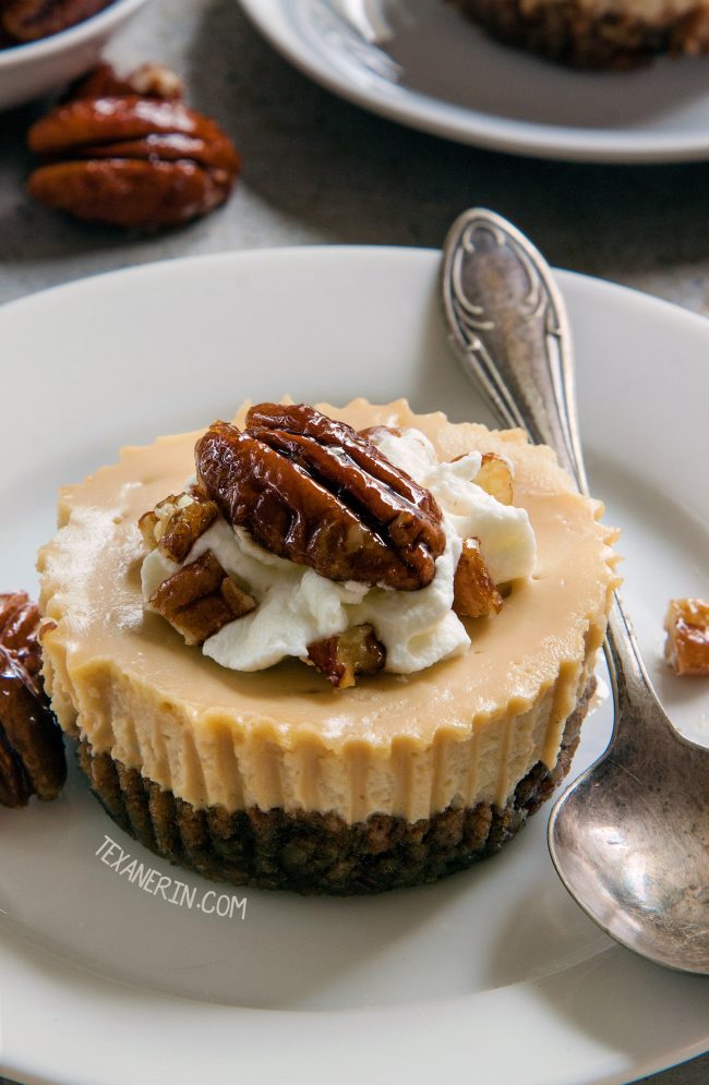 These maple cheesecakes have a grain-free pecan crust but can also be made with graham crackers for a whole grain, gluten-free or traditional graham cracker crust!