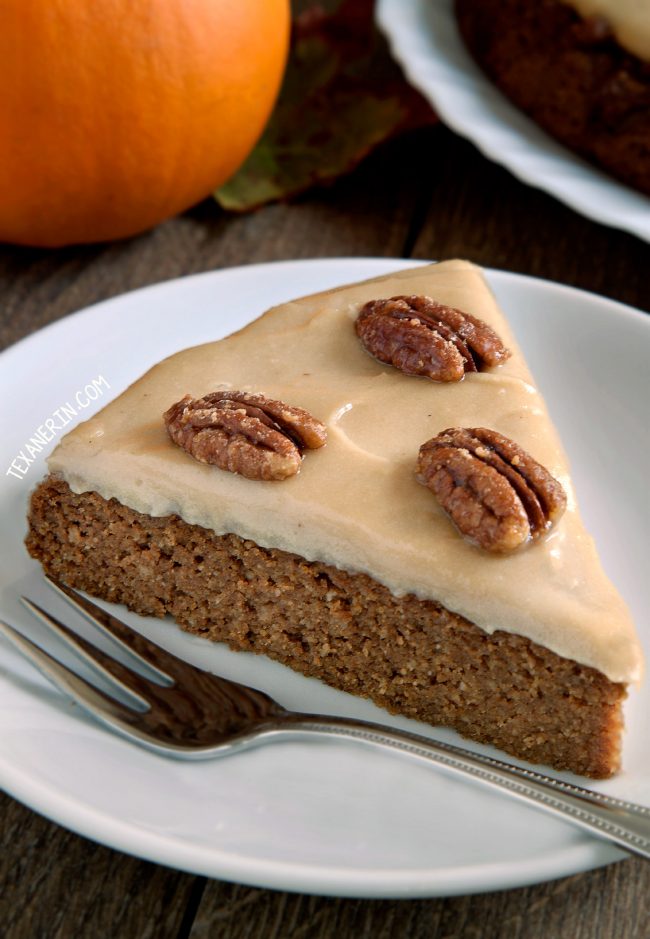 This delicious paleo pumpkin cake is nice and moist and super easy to make! Topped off with maple cream frosting and maple candied pecans.