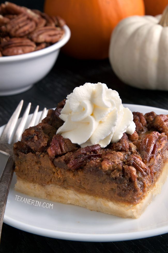 Easy and Delicious Pumpkin Pecan Pie Bars with a homemade sugar cookie crust (gluten-free, whole grain, all-purpose flour options)