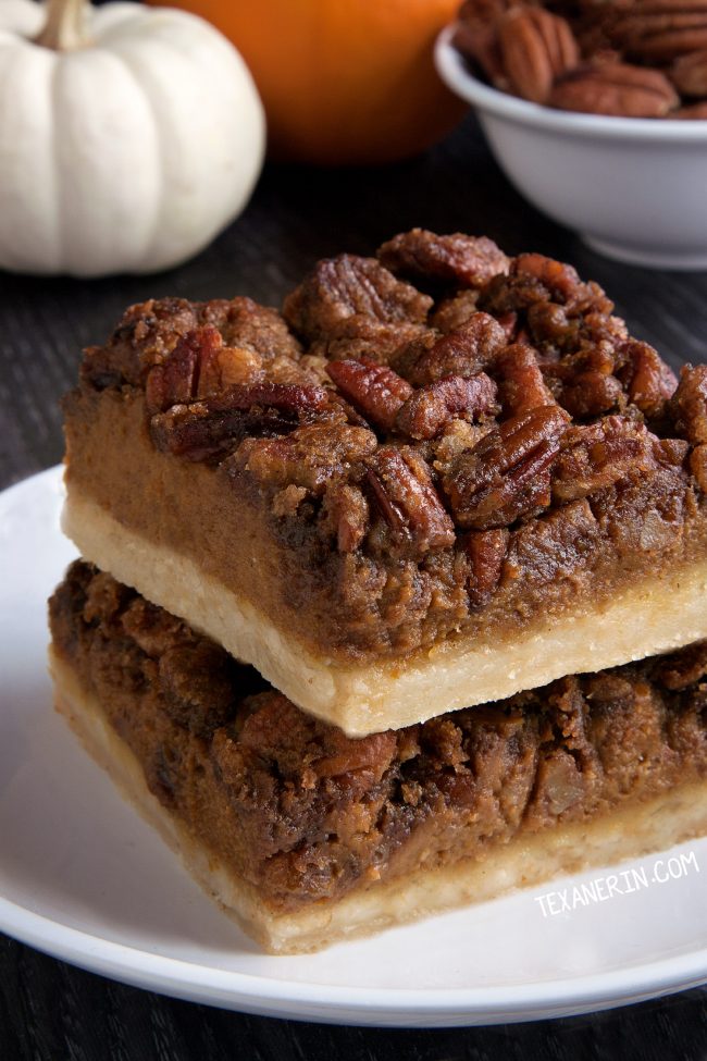 Easy and Delicious Pumpkin Pecan Pie Bars with a homemade sugar cookie crust (gluten-free, whole grain, and all-purpose flour options)