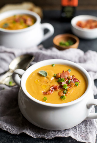 Creamy Bacon Roasted Butternut Squash Soup from Joyful Healthy Eats