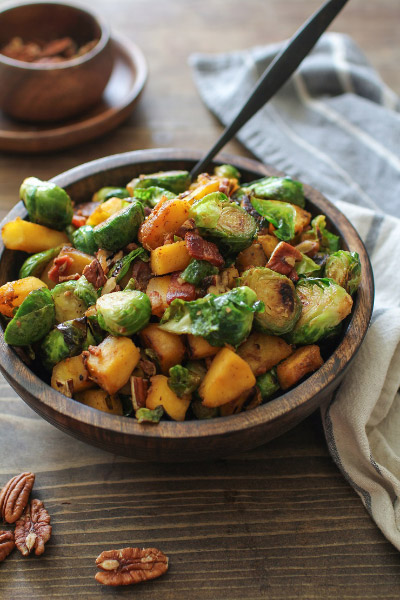 Maple Cinnamon Glazed Acorn Squash and Brussels Sprouts with Bacon from The Roasted Root