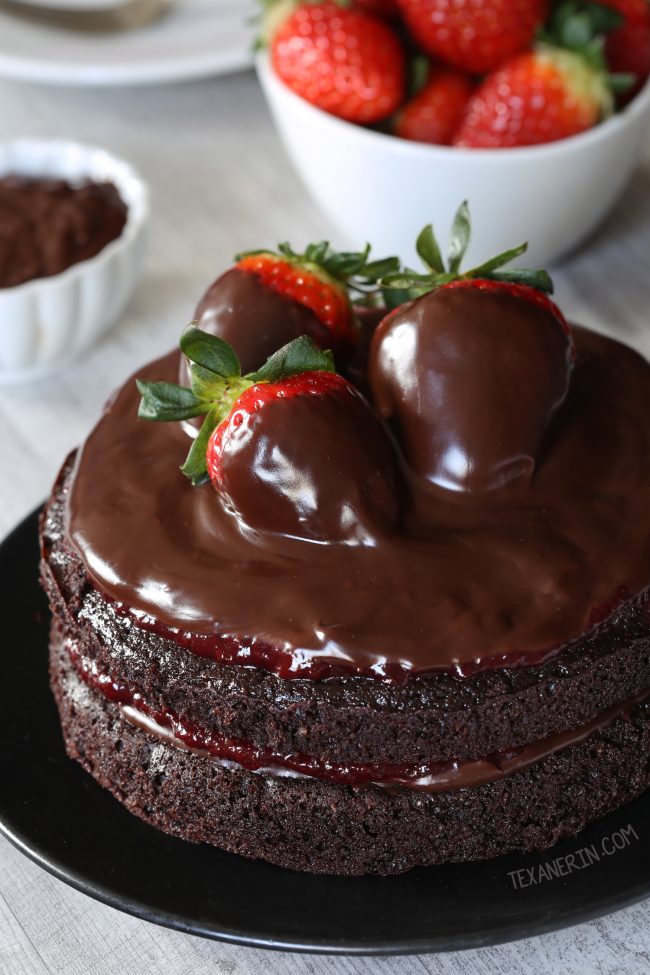 This paleo chocolate strawberry cake has a great texture, chocolate fudge frosting and strawberry filling. With whole wheat and all-purpose flour options.