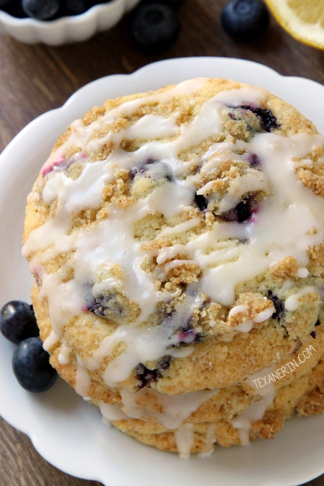 These blueberry cookies have a streusel coating, a nice lemon flavor and taste just like a blueberry muffin top! With gluten-free, whole wheat and all-purpose flour options.