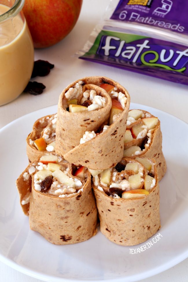 Healthy wraps with peanut butter, apple, cottage cheese and raisins make a great make-ahead lunch perfect for the lunchbox. With a gluten-free option.