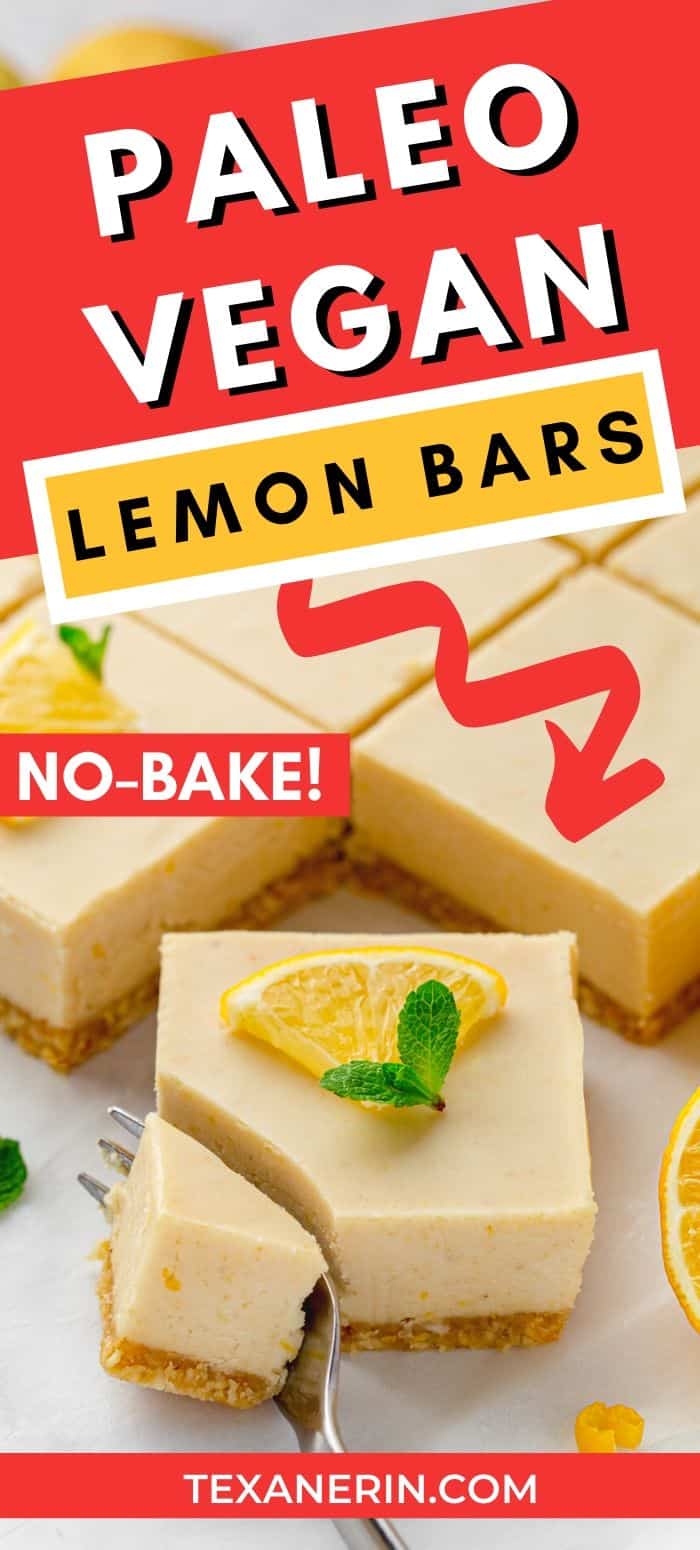 Vegan lemon bars with a super creamy, cashew-based paleo and no-bake topping! Full of lemon flavor and maple-sweetened. An amazing vegan dessert recipe.