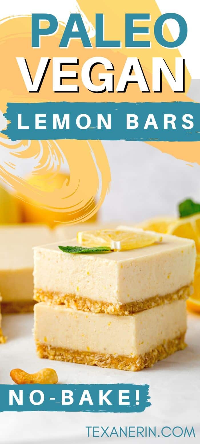 Vegan lemon bars with a super creamy, cashew-based paleo and no-bake topping! Full of lemon flavor and maple-sweetened. An amazing vegan dessert recipe.