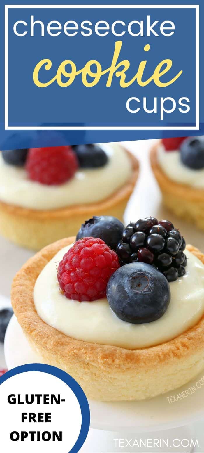 These cheesecake cookie cups have a sugar cookie crust and a delicious white chocolate cream cheese filling. Can be made with gluten-free, whole wheat or all-purpose flour. A great July 4th dessert recipe!