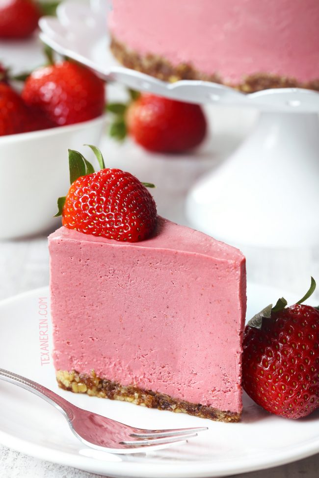 This paleo strawberry cheesecake is super creamy, vegan and raw and is loaded with extra strawberry flavor thanks to freeze-dried strawberries!