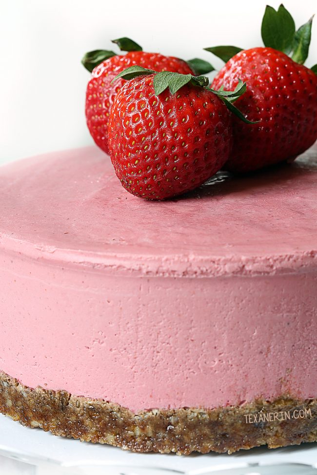 This paleo strawberry cheesecake is super creamy, vegan and raw and is loaded with extra strawberry flavor thanks to freeze-dried strawberries!