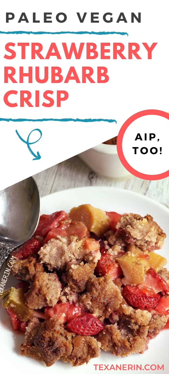 Vegan and paleo strawberry rhubarb crisp that's maple-sweetened, nut-free and also AIP-friendly. Can also be made with other types of fruit! A great paleo dessert recipe.