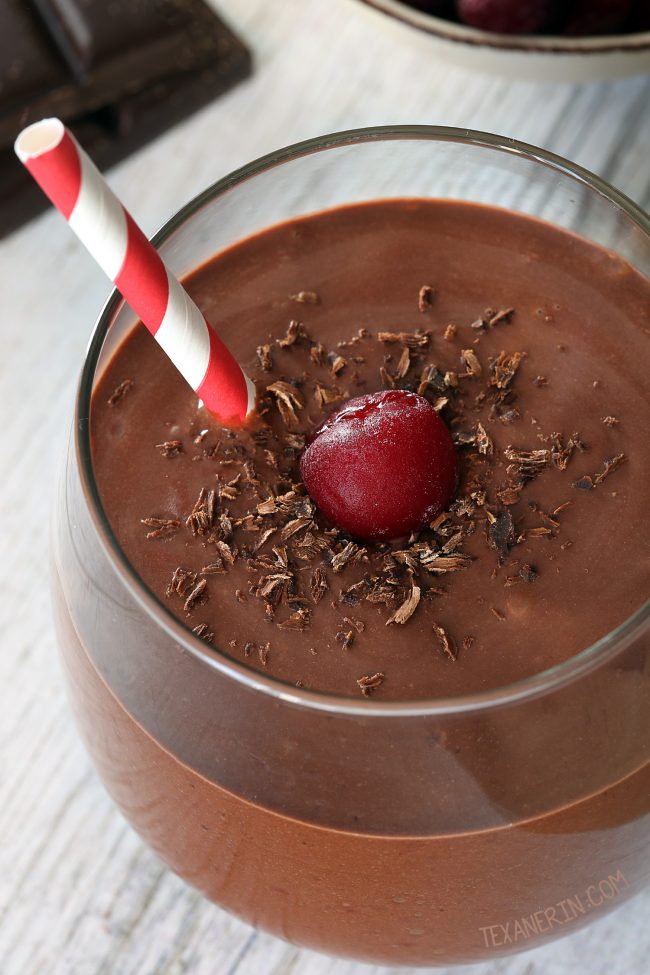 Chocolate cherry smoothie made with yogurt, banana, cocoa powder and tart frozen cherries! Vegan and dairy-free option and naturally gluten-free.