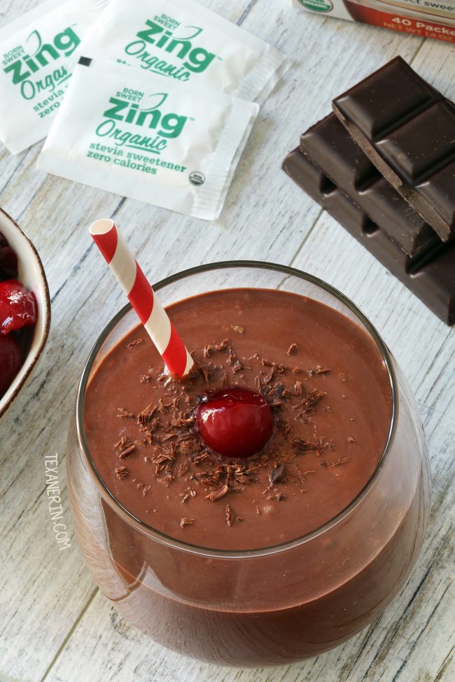 Chocolate cherry smoothie made with yogurt, banana, cocoa powder and tart frozen cherries! Vegan and dairy-free options and naturally gluten-free.