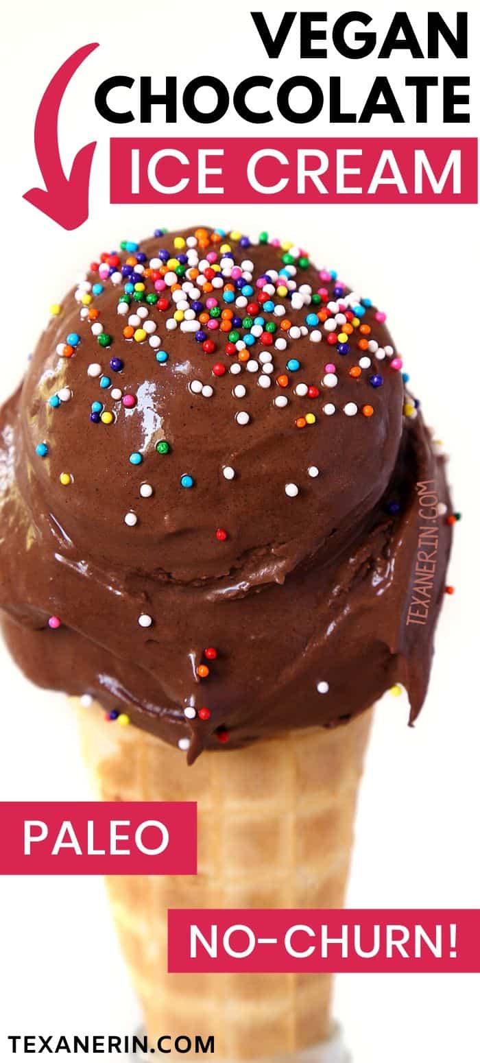 Vegan chocolate ice cream that's also paleo, nut-free and no-churn! Made with coconut cream but does not taste at all coconutty and the result is insanely rich and decadent.
